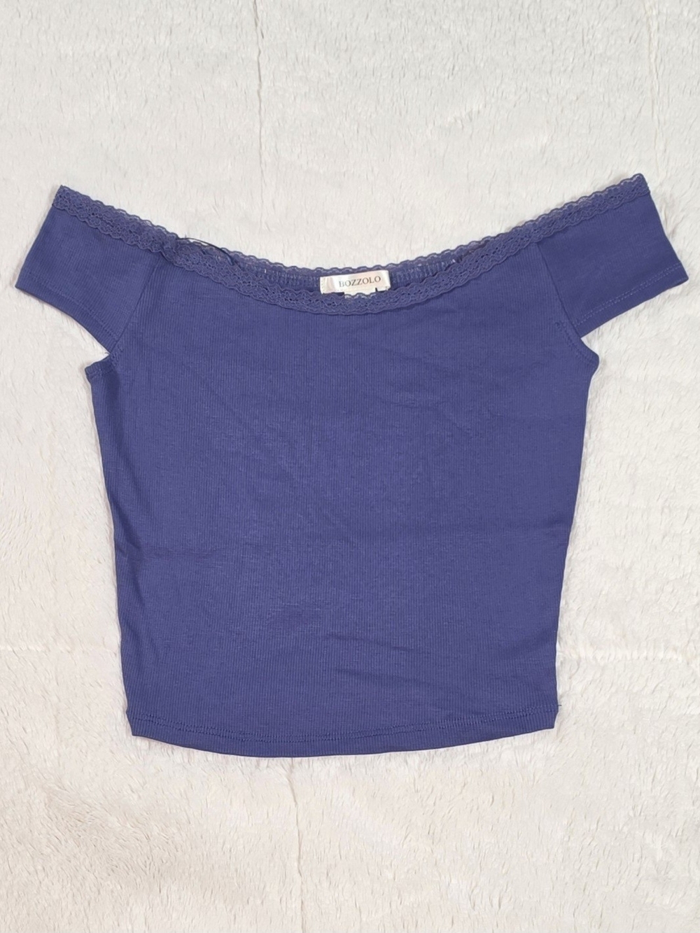 Bozzolo Purple Off-Shoulder Lace Trim Crop Top(100PC-62,63,64,65)